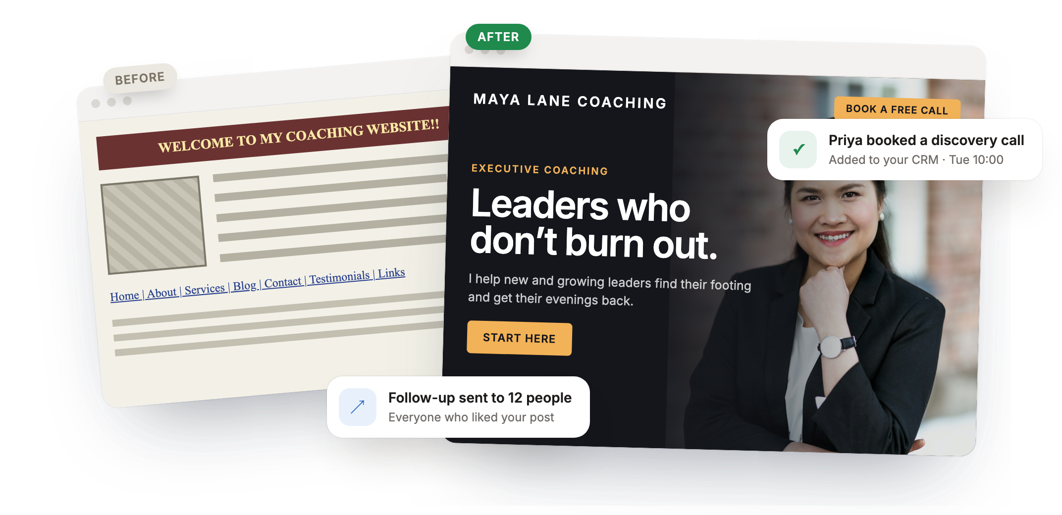 An outdated website next to its redesign, with a booked call and a sent follow-up