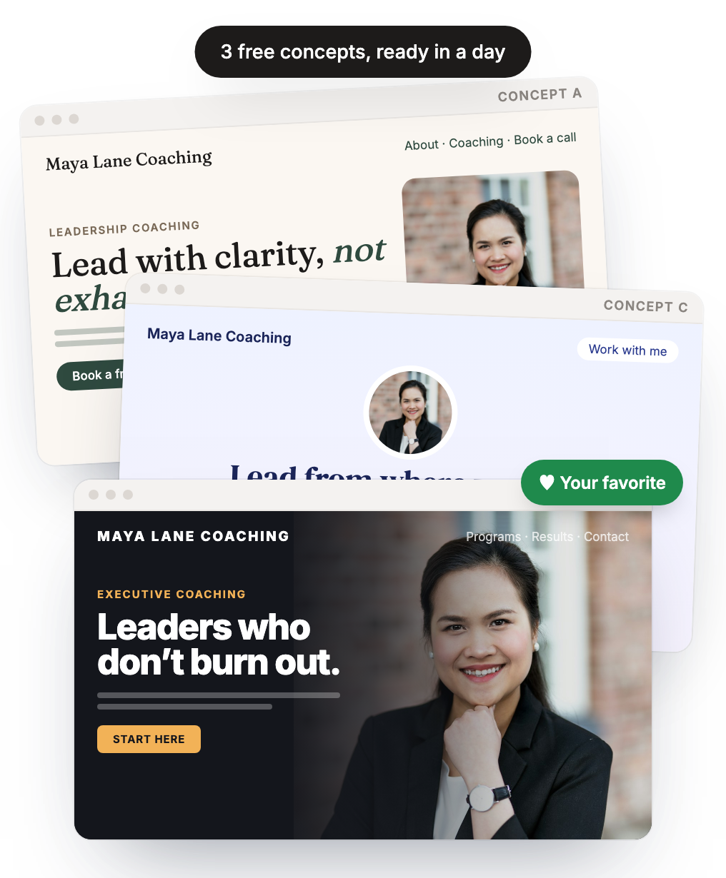 Three website concepts with one marked as the favorite